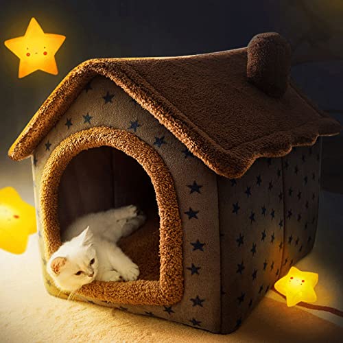Cat Cave Bed, Washable Dog Bed, Warm and Cosy Plush Cat Igloo, Foldable Comfortable Pet Cat House, Pet Bed with Nonskid Bottom(M, Brown Stars) - view 4