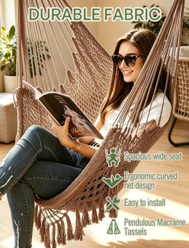 Hammock Chair Handmade Woven Mesh Hanging Seat Metal Spreader Bar - view 5