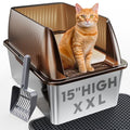 15”Stainless Steel Cat Litter Box Enclosure, XXL Stainless Steel High Sides with Lid, Extra Large Metal Cat Litter Box, Anti Leakage, Non-Sticky, Easy Cleaning, Includes Scoop