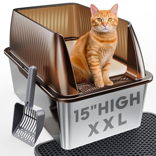 15”Stainless Steel Cat Litter Box Enclosure, XXL Stainless Steel High Sides with Lid, Extra Large Metal Cat Litter Box, Anti Leakage, Non-Sticky, Easy Cleaning, Includes Scoop