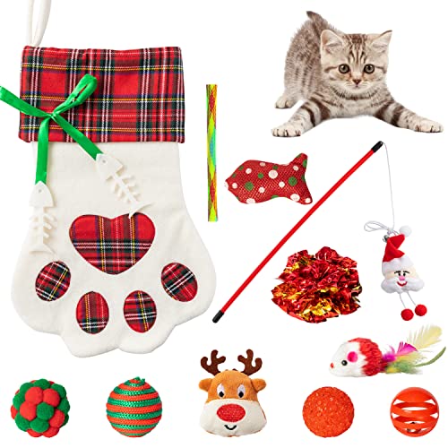 11Pcs Christmas Cat Stocking Toys Interactive Cat Toys Pack Including Feather Teaser Wand Catnip Mouse Crinkle Bells Ball Spring Toys for Indoor Cats, Christmas Hanging Stocking for Pet Cats