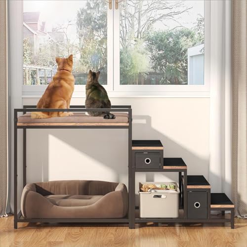 Pet Bunk Bed with Removable Stairs and 2 Drawers, Dogs/Cats Window Perch, Dog Window Seat with Soft Cushion, Ultra-Shallow Steps, Sturdy Metal Frame, Non-Slip, Load Capacity 60 LBS, Brown