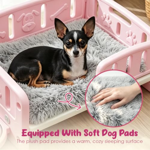 Small Dog Bed with Cushion & Bowls, Plastic Pet Bed for Puppies, Pink - view 4