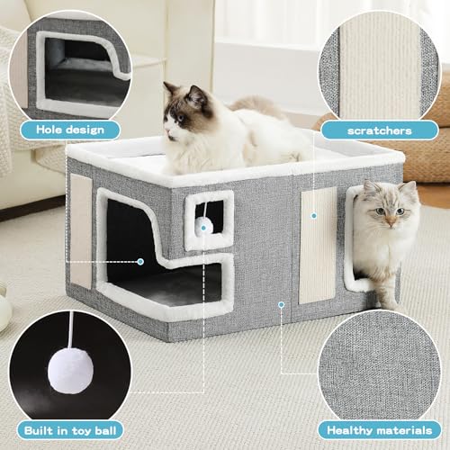 Large Cat Houses for Indoor Cats, Extra Wide Cat Cave Bed with Scratch Pad and Fluffy Ball, Foldable Cat Hideaway Condo for Large Cats, Modern Kitten Bed,23x16x13 inches (Grey, X-Large) - view 2