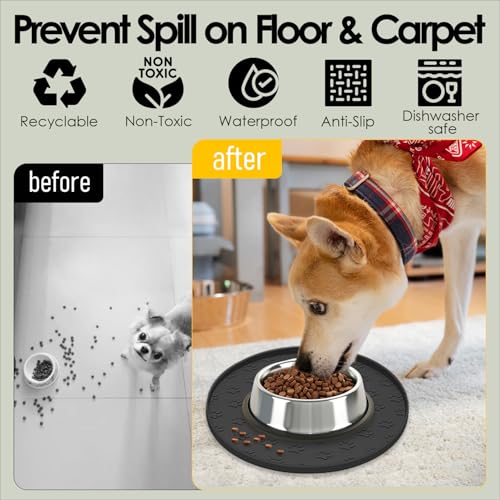 Pet Feeding Mat, Waterproof Anti-Slip Placemats for Dog Cat Bowl Silicone Pet Food Mat, Raised Edge Prevent Spills on Floor & Carpet, Dishwasher Safe (1 Black, 10.9" L x 10.9" W) - view 2