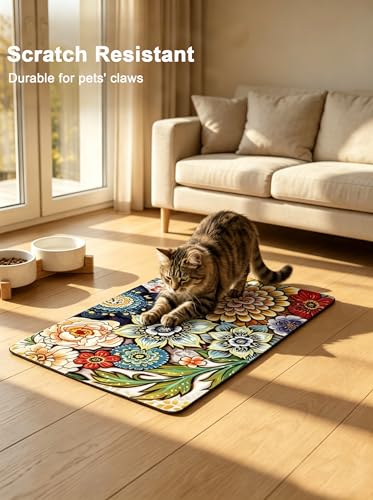 Dog Food Mat, 12" x 19" Flower Absorbent Dog Cat Bowl Mat for Food and Water, Cute Anti-Slip Rubber Pet Feeding Rug Protect Floors, Puppy Placemat for Feeding & Watering Supplies,Mandala Floral - view 5