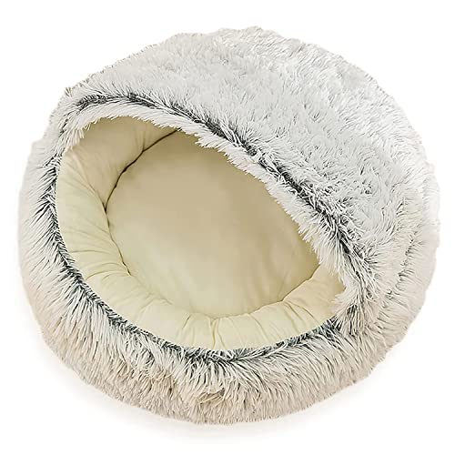 LIEMUAO Cat Beds for Indoor Cats Round Donut Cave Hooded Pet Bed Soft Cat Sleeping Enclosed House Machine Washable Pet Igloo Tent for Small Dogs, Puppy, Rabbit (M-(15.7"x15.7"x2.8"), Off-White)