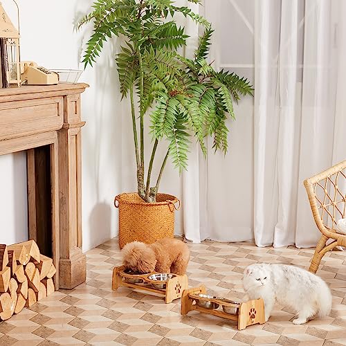 Elevated Dog Bowls for Cats and Dogs, Adjustable Bamboo Raised Dog Bowls for Small Dog, Food and Water Set Stand Feeder with 2 Stainless Steel Bowls and Anti Slip Feet (Height 4" to 4.5") - view 3