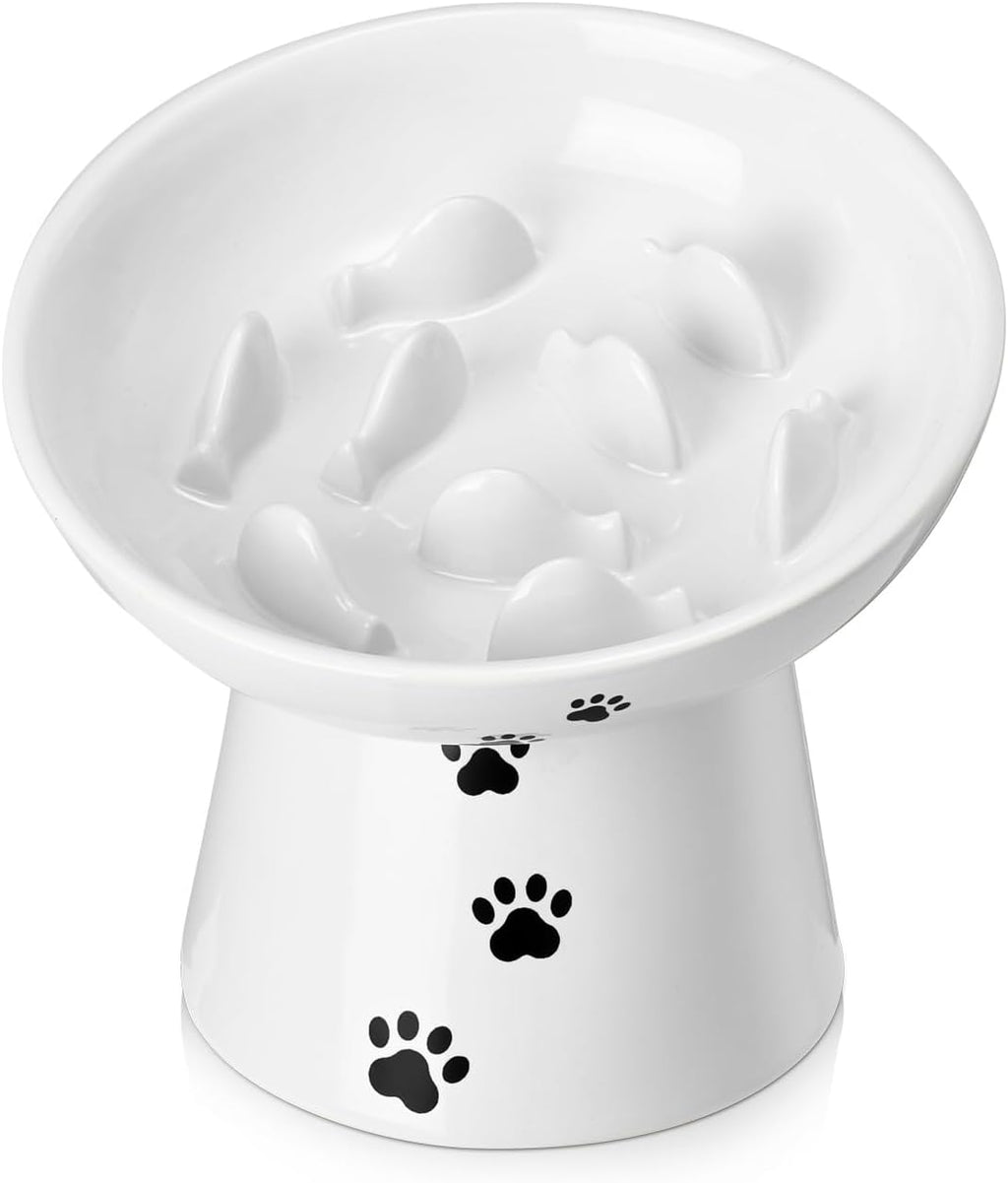 Slow Feeder Cat Bowl, Ceramic Cat Slow Feeder Bowl, 6 Inches, Elevated, Anti Vomiting for Dry and Wet Food, White
