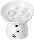 Slow Feeder Cat Bowl, Ceramic Cat Slow Feeder Bowl, 6 Inches, Elevated, Anti Vomiting for Dry and Wet Food, White