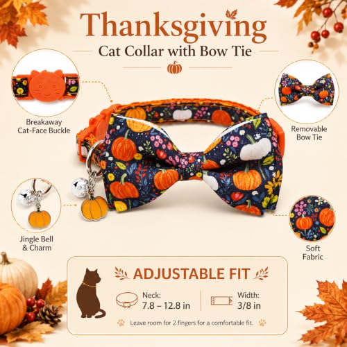 2 Pack Thanksgiving Cat Collars with Bow Ties & Charms, Cute Turkey Pumpkin Fall Breakaway Collars with Bells for Boy Girl Kitties & Kittens - view 5