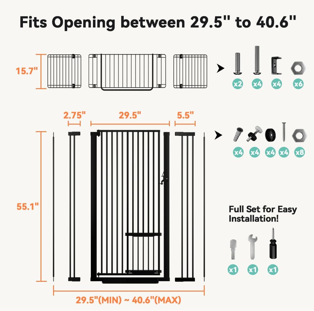 71" Extra Tall Pet Gate, 29.5-40.6" Wide with Adjustable Cat Door | Pressure Mounted Easy Walk Through Gate with Door for Stairs, Doorways, Kitchen (White) - view 6