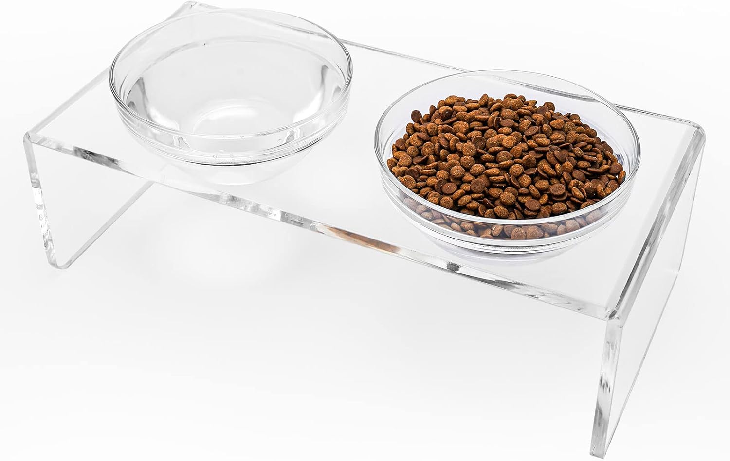 Acrylic elevated dog cat bowls pet feeder double bowl raised stand comes with 2 removable glass bowls and 2 stainless steel bowls. Perfect for medium dogs, 5.5" tall