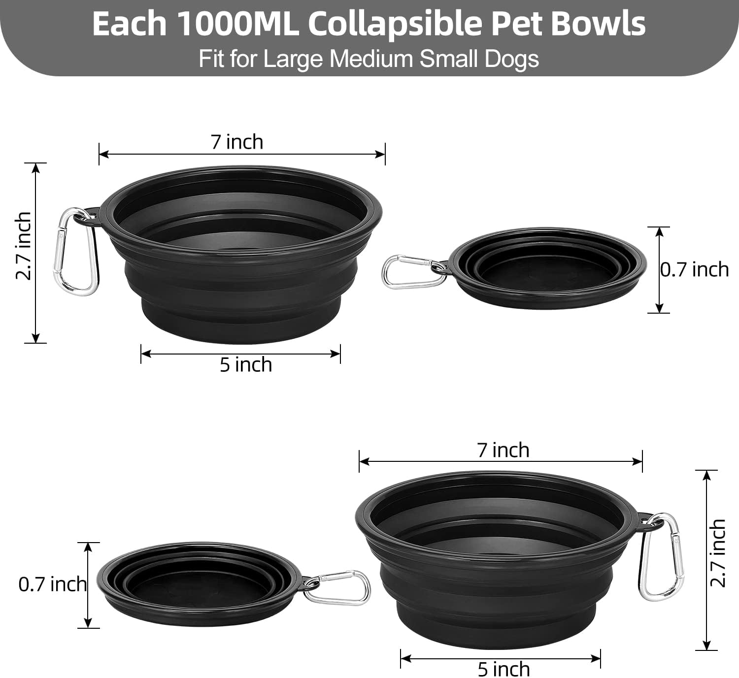 Large Collapsible Dog Bowls 2 Pack, 34oz Foldable Dog Travel Bowl, Portable Pet Water Food Bowl with Clasp, Pet Cat Feeding Cup Dish for Traveling, Walking, Hiking (Black+Black) - view 2