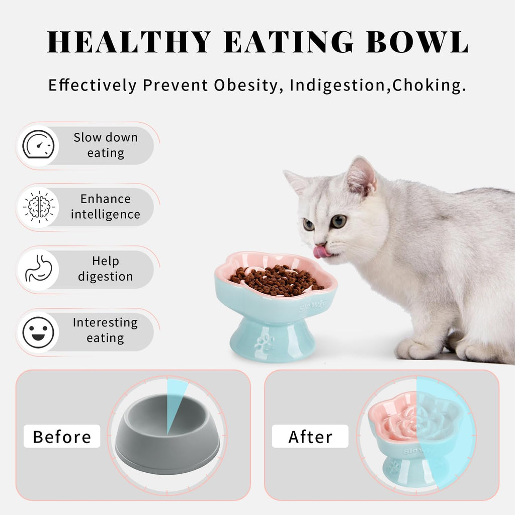 Raised Slow Feeder Cat Bowl, Ceramic Elevated and Titled Glass Food Bowl Small Dogs Slow Feeder, Flower Shaped Cute Cat Dish for Dry and Wet Food (Pink, 5.8") - view 3