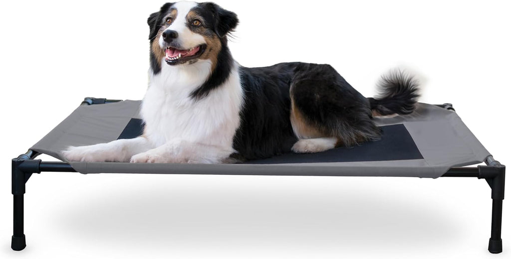 Outdoor elevated dog bed - cooling raised dog bed for medium & large pets, breathable mesh center hammock design, indoor/outdoor washable cover, portable metal frame, gray, large 42x30in