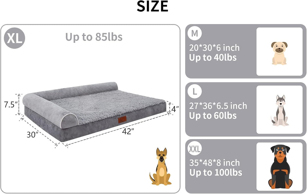Orthopedic Dog Bed, Pet Sofa with Bolster for Extra Large Dogs | Egg Crate Foam, Removable Washable Cover, Waterproof Lining, Non-Slip Bottom, L-Shape, Cozy Plush, 42 x 30 Inch, Grey - view 6