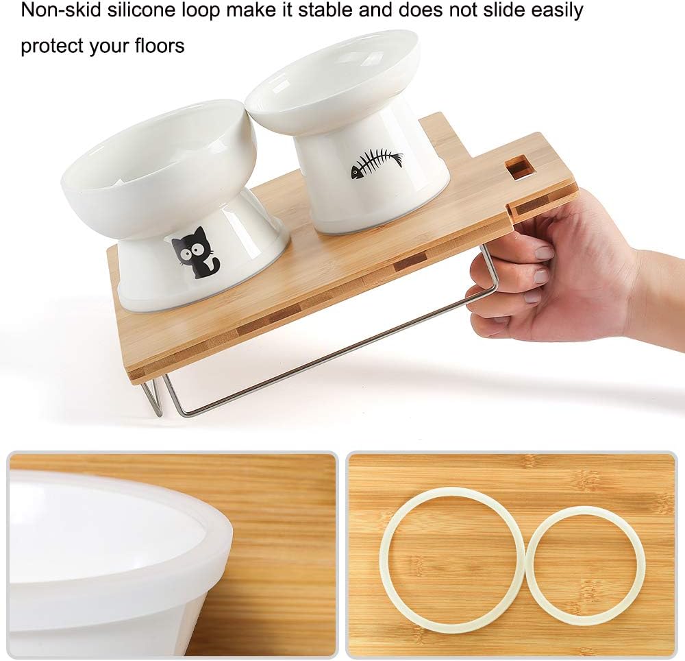 Raised cat food and water bowl set, whisker friendly elevated ceramic cats feeder bowls with anti slip ring, anti-vomiting shallow high porcelain pet kitten dish, dishwasher safe (white) - view 3