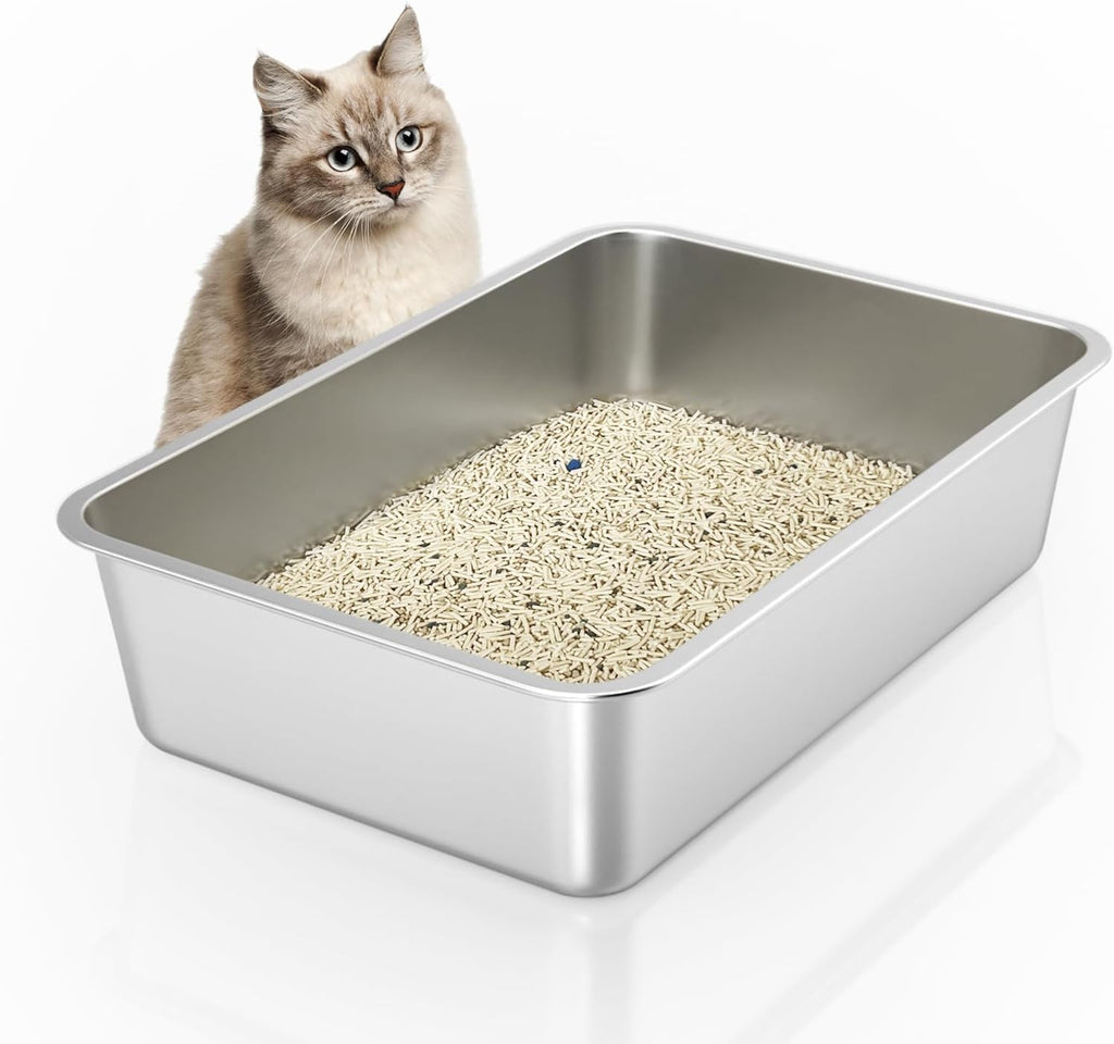 Stainless steel cat litter box, large metal litter box 23.5" lx15.5 wx6 h | never absorbs odors, stain free, rustproof, non stick smooth surface, anti-slip rubber bottom