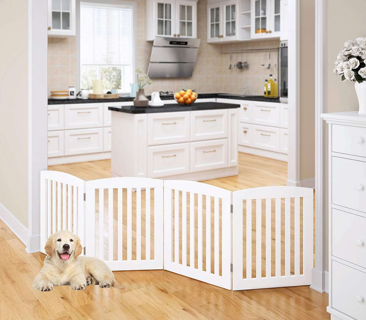 Wooden Freestanding Foldable Pet Gate for Dog,24" H Dog Gate Indoor | Dog Gate for Doorway, Stairs, the House, Step Over Fence, Extra Wide, Room Divider, Front Door, Hallway, 4 Panels, White