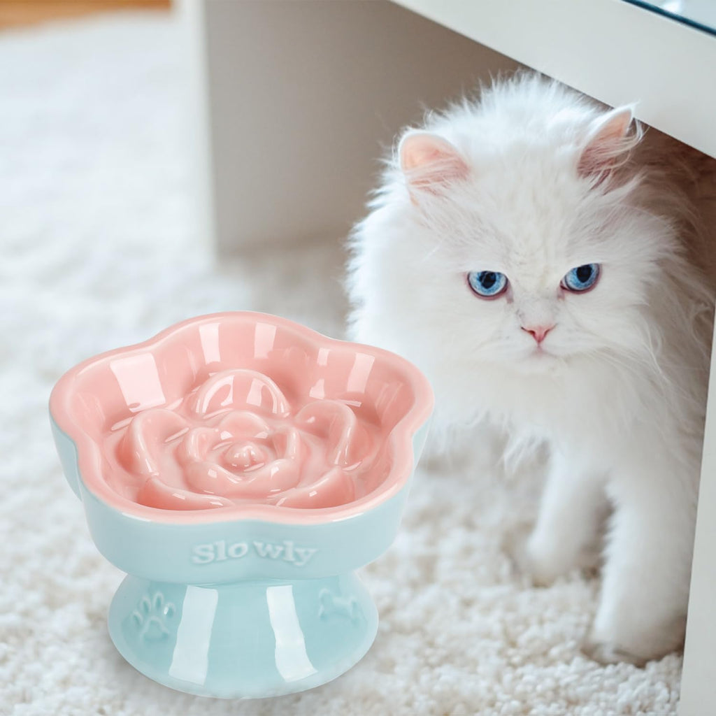 Raised Slow Feeder Cat Bowl, Ceramic Elevated and Titled Glass Food Bowl Small Dogs Slow Feeder, Flower Shaped Cute Cat Dish for Dry and Wet Food (Pink, 5.8") - view 6