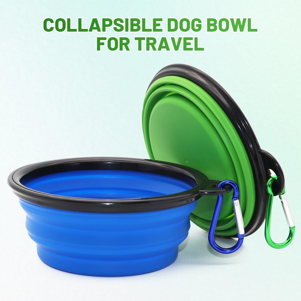 Dog bowl pet collapsible bowls, 2 pack for cats dogs, portable pet feeding watering dish for walking parking traveling with 2 carabiners (small, blue+green) - view 2