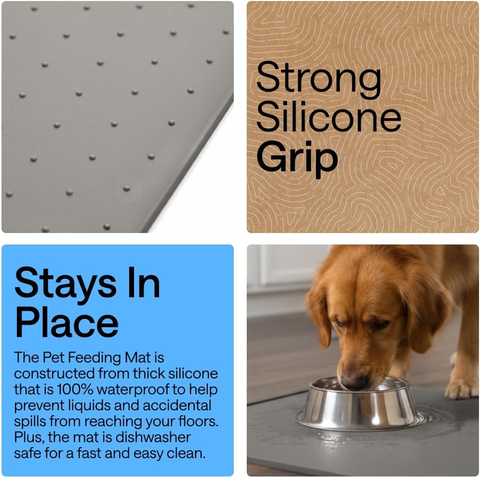 100% Waterproof Raised Edge BPA Free Silicone Pet Feeding Mat, Dog Cat Food Mats Contain Spills Protects Floors, Placemats for Cats and Dogs Water Bowl, 18.5x11.5, Gray - view 3