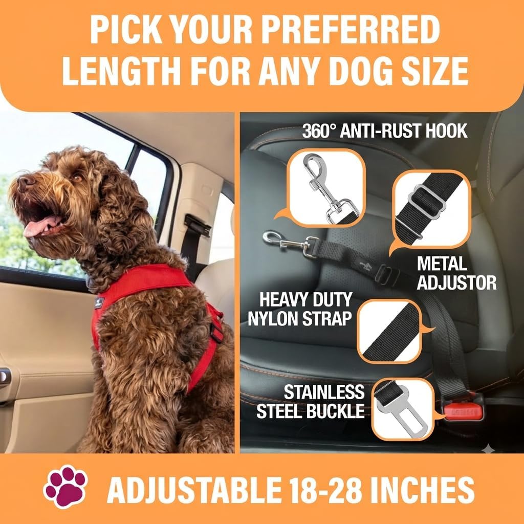 Black Car Seat Belt for Dogs, Attaches to Harness & Collar, Adjustable 18" - 24" Travel Restraint System Fits Small - Large Pups for Safety & Comfort, Essential Pet Supplies & Accessories - view 3