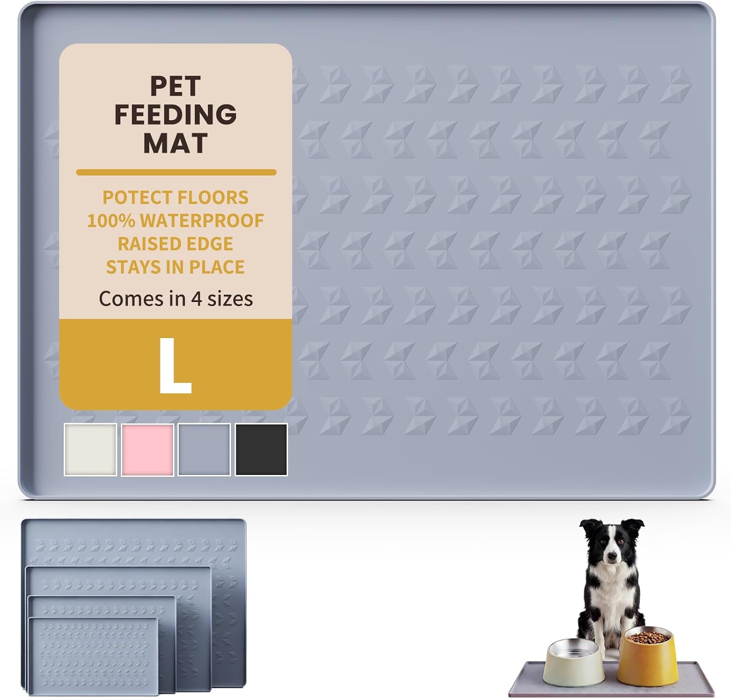 Waterproof Silicone Pet Feeding Mat, Dog Cat Food Water Bowl, Raised Edge | 18.5x11.5 Non-Slip Pet Placemat Tray with Lip Prevents Spills & Protects Floors, Food-Grade, BPA Free, Easy Clean, Grey - view 6