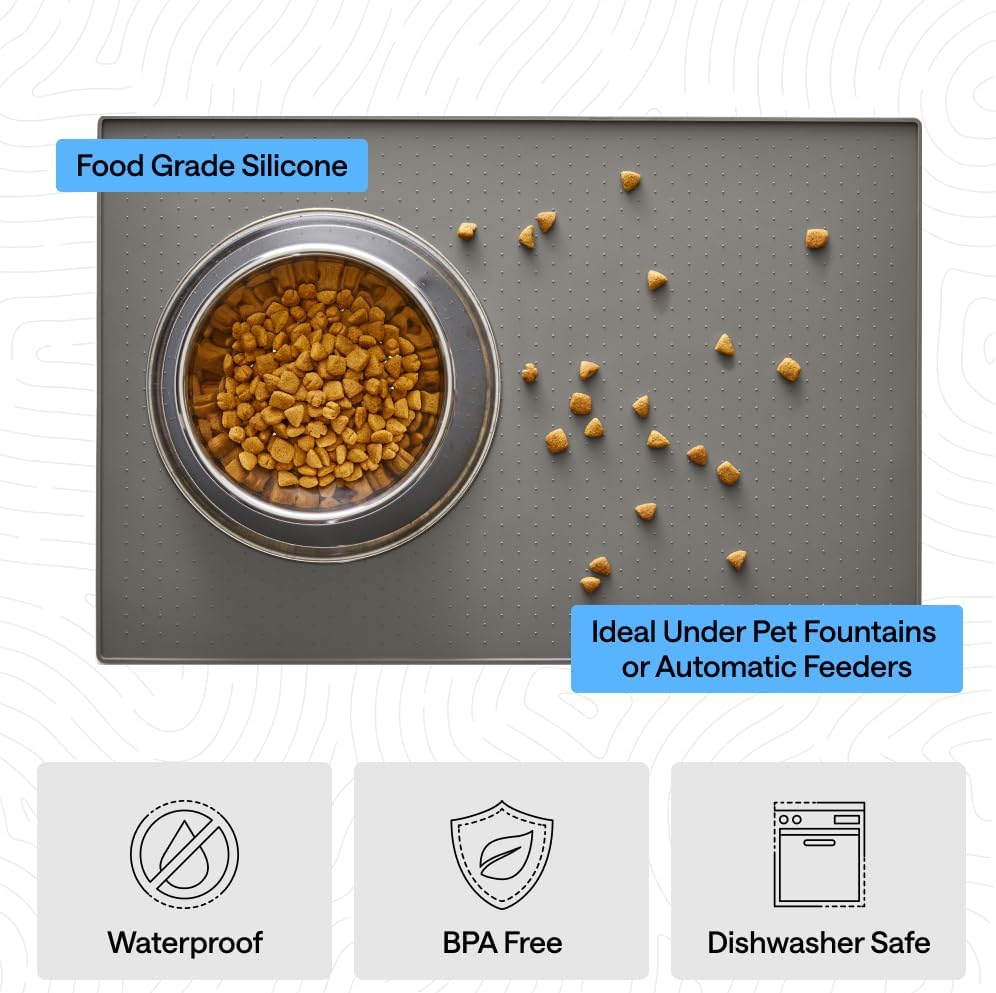 100% Waterproof Raised Edge BPA Free Silicone Pet Feeding Mat, Dog Cat Food Mats Contain Spills Protects Floors, Placemats for Cats and Dogs Water Bowl, 18.5x11.5, Gray - view 5