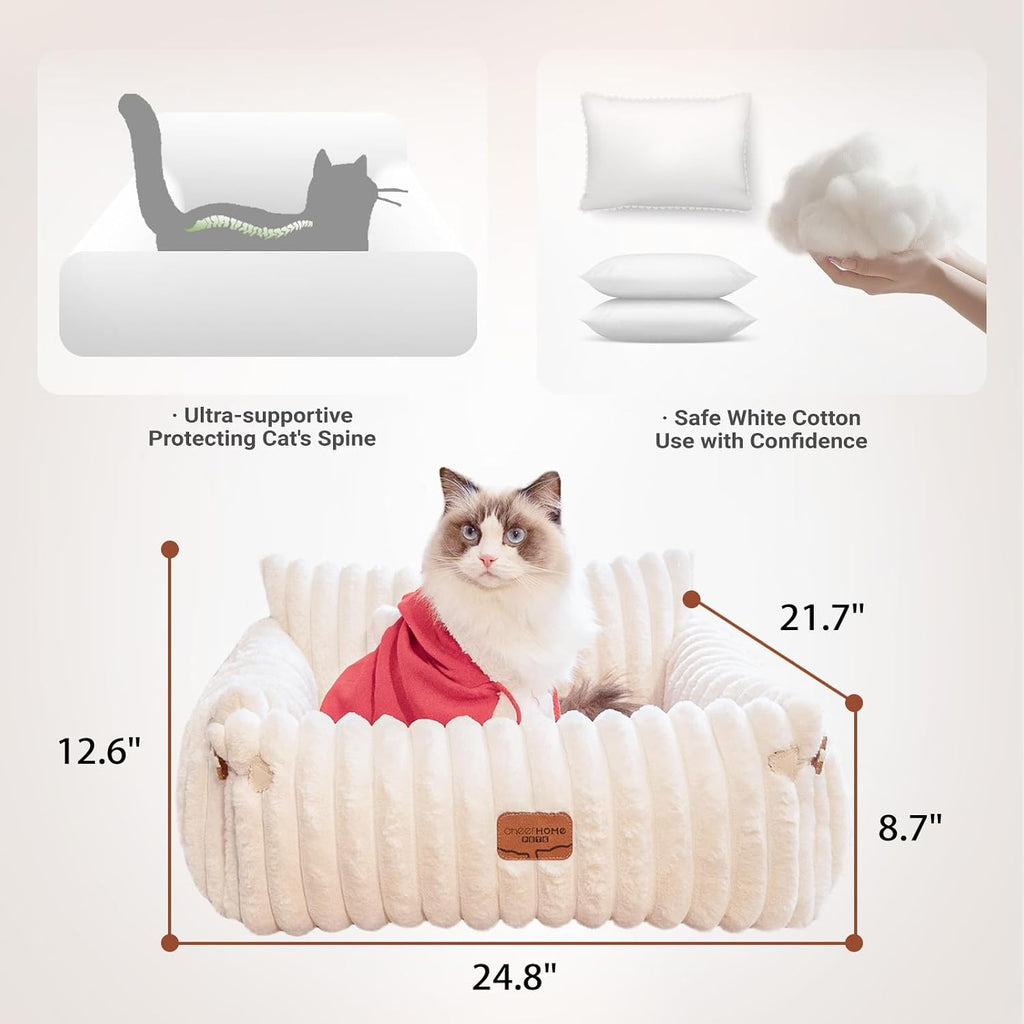 Cat Couch Bed for Indoor Cats Fluffy Cat Sofa Recliner with Removable Washable Cover Cute Pet Lounge Suitable for Puppy Kitten (Off-White) - view 4