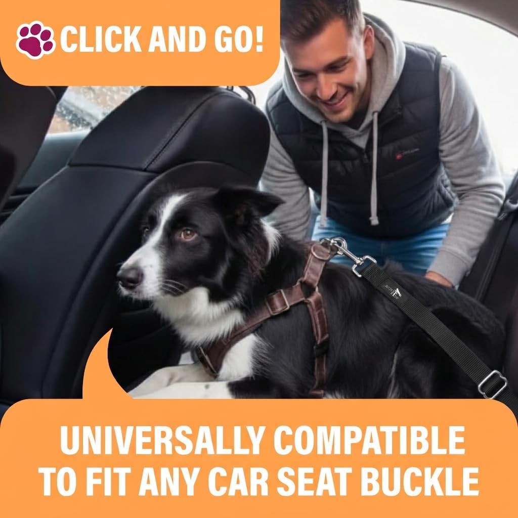 Black Car Seat Belt for Dogs, Attaches to Harness & Collar, Adjustable 18" - 24" Travel Restraint System Fits Small - Large Pups for Safety & Comfort, Essential Pet Supplies & Accessories - view 2