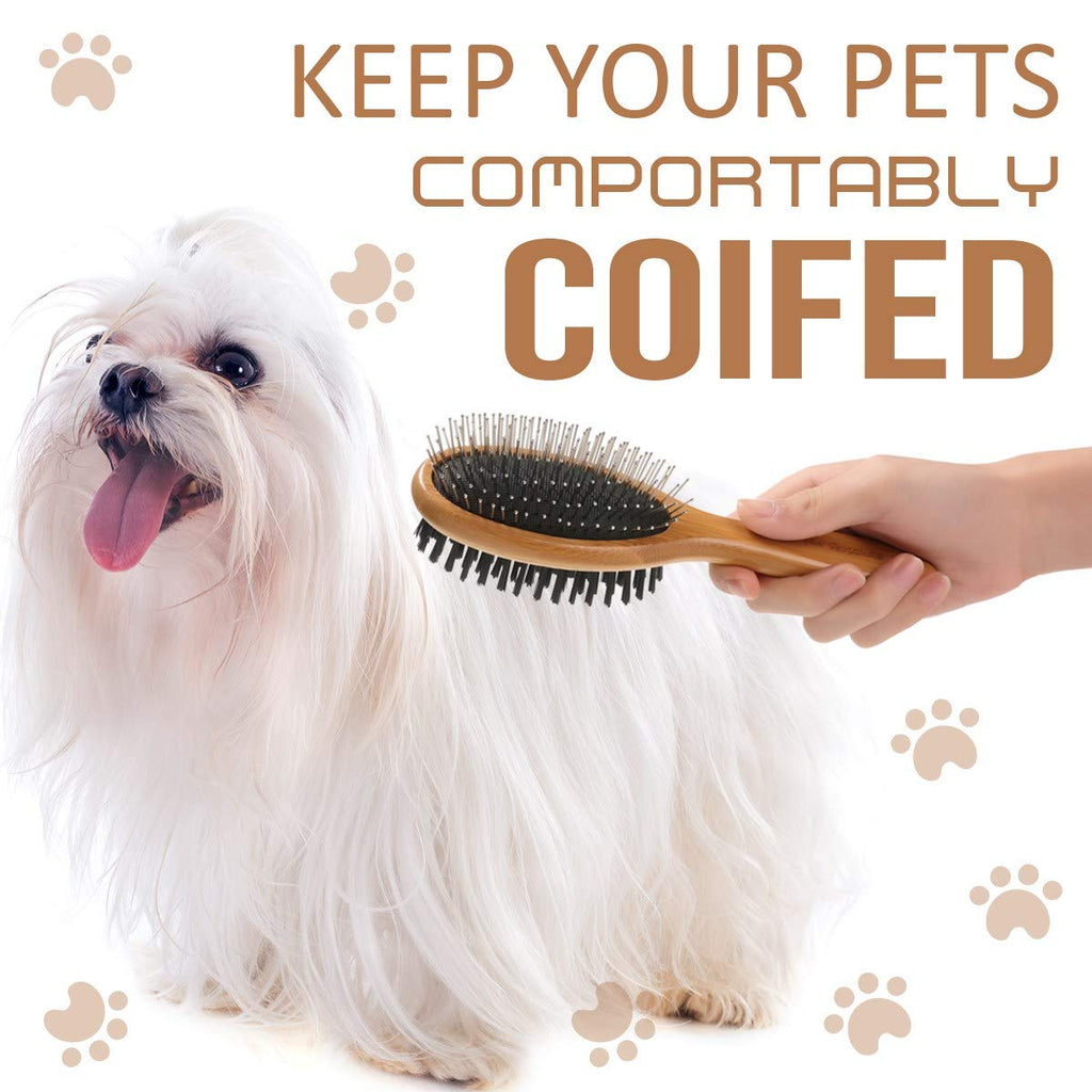 Dog brush, double sided pet slicker brush with bamboo handle for dogs and cats long hair pets grooming comb for removing shedding, tangles and dead undercoat - view 6
