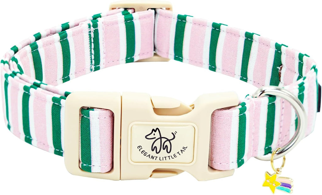 Dog collar, cute pink with green strip pattern pet collars soft girl or boy adjustable cotton puppy collar with quick release buckle for small puppy