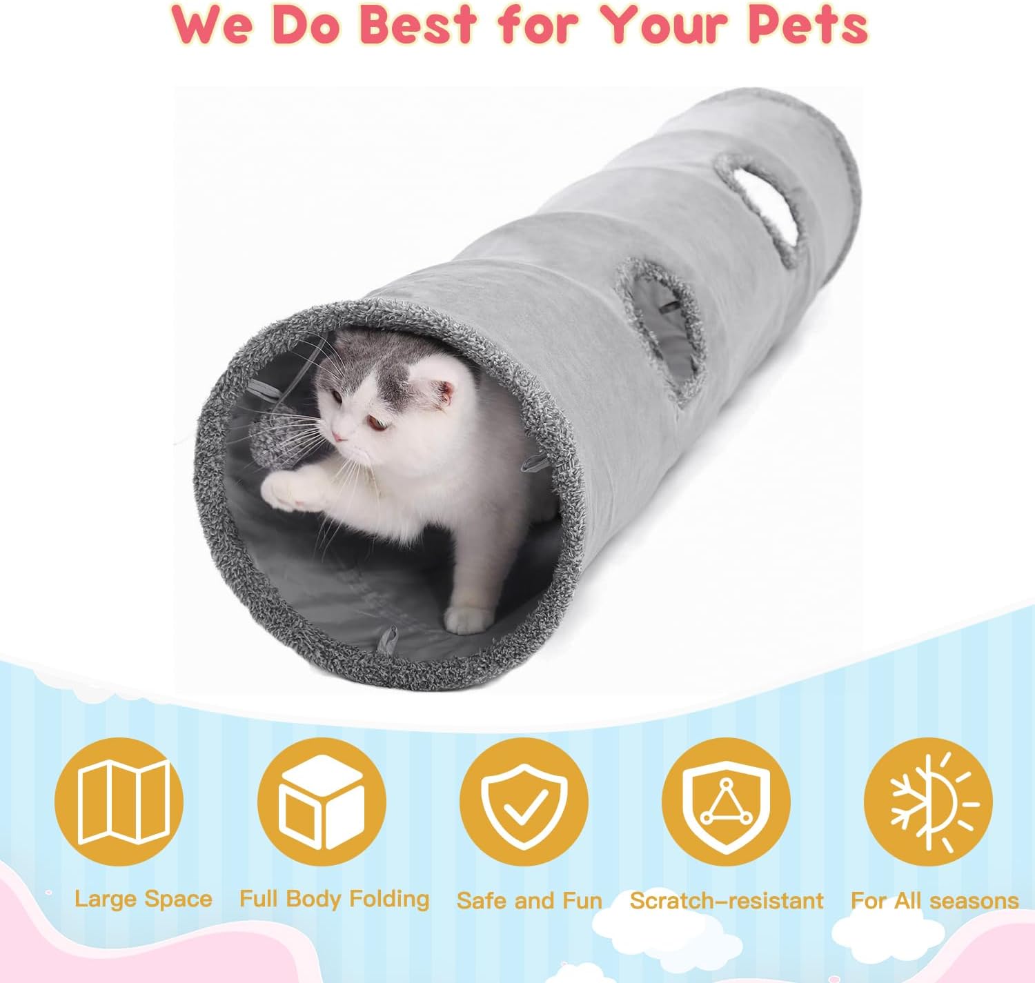 Cat Tunnels for Indoor Cats 51 Inch Collapsible Play Tube Peek Holes Toys | Collapsible cat tunnel play tube peek holes toys indoor active kittens big cats hideout crawl portable easy storage - view 3