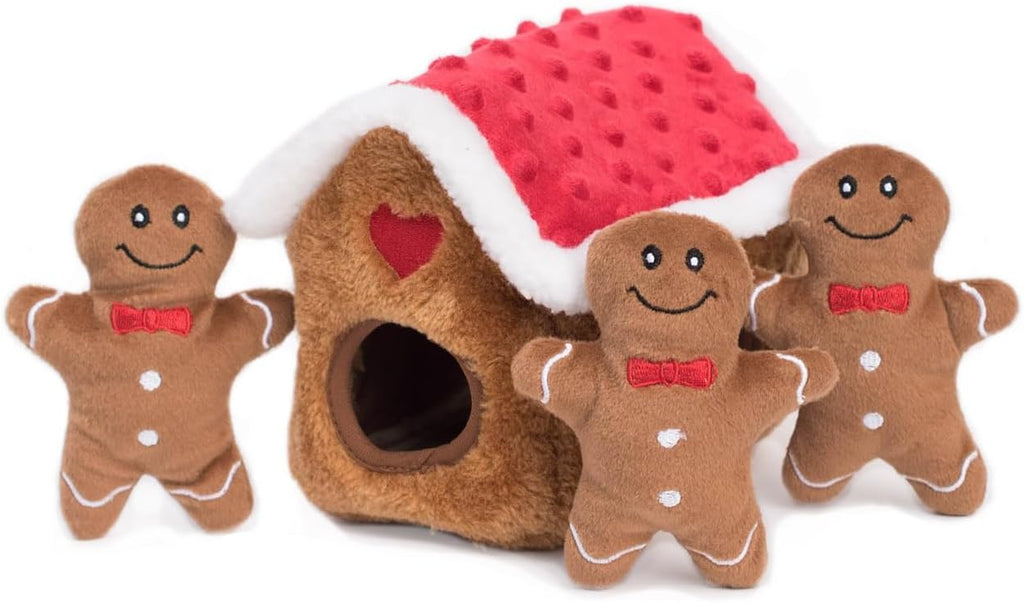 Burrow- Interactive Dog & Puppy Toys for Boredom, Stimulating Pet Products to Keep Them Busy, Hide & Seek Plush Dog Puzzle, Enrichment Squeaky Toy, For Small & Medium Dogs- Gingerbread House