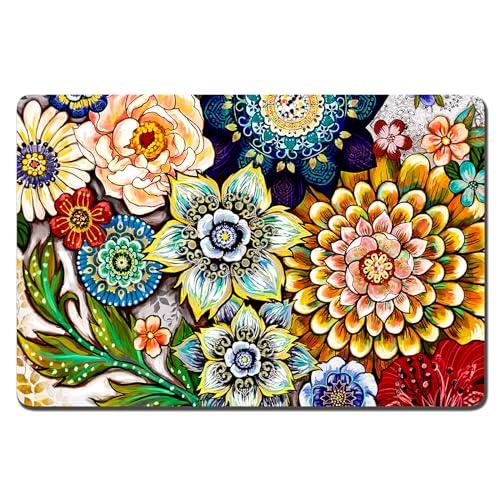 Dog Food Mat, 12" x 19" Flower Absorbent Dog Cat Bowl Mat for Food and Water, Cute Anti-Slip Rubber Pet Feeding Rug Protect Floors, Puppy Placemat for Feeding & Watering Supplies,Mandala Floral