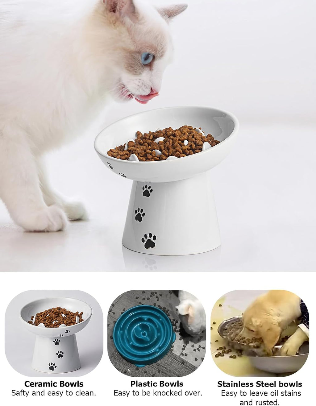 Slow Feeder Cat Bowl, Ceramic Cat Slow Feeder Bowl, 6 Inches, Elevated, Anti Vomiting for Dry and Wet Food, White - view 5