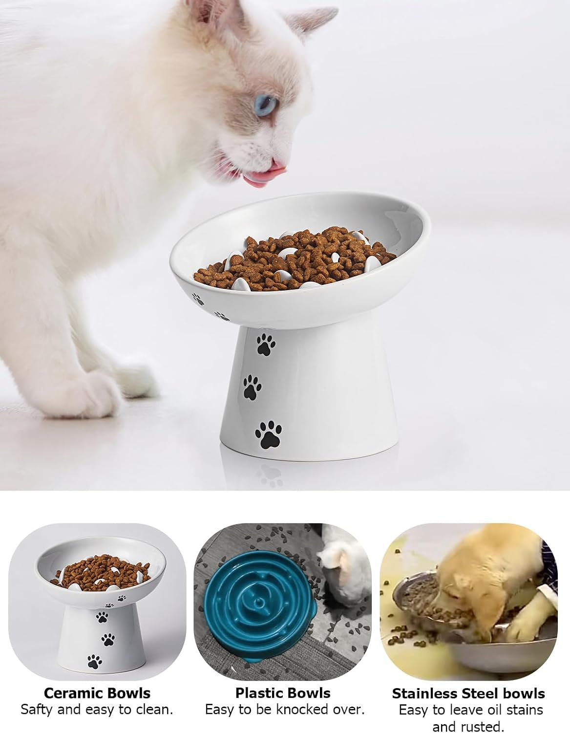 Slow Feeder Cat Bowl, Ceramic Cat Slow Feeder Bowl, 6 Inches, Elevated, Anti Vomiting for Dry and Wet Food, White - view 5