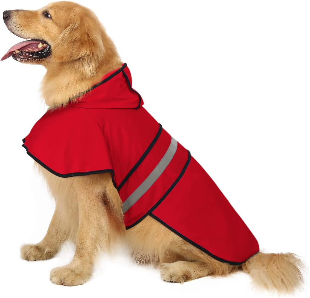 Dog raincoat jacket reflective adjustable hooded pet poncho rain coat with leash hole for small to X-Large dogs red - L