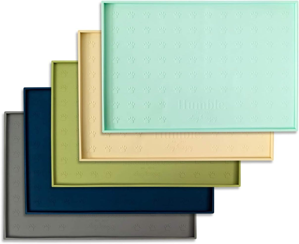 Food mat feeding tray - non-slip, anti-spill, raised dog food bowl mat, easy clean waterproof - premium quality silicone - perfect for dogs and cats, 24"x16" (cool mint)