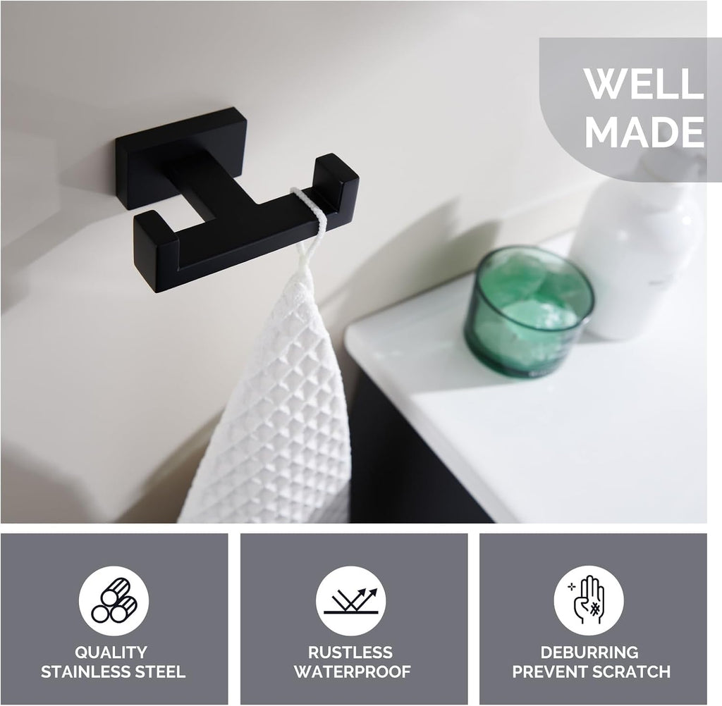 Angle Simple Double Towel Hook Matte Black, Bathroom Coat Robe Holder | SUS304 Stainless Steel Wall Hook, Bath Towel Holder Organizer for Robes Bags Loofahs, Screw Wall Mount - view 3
