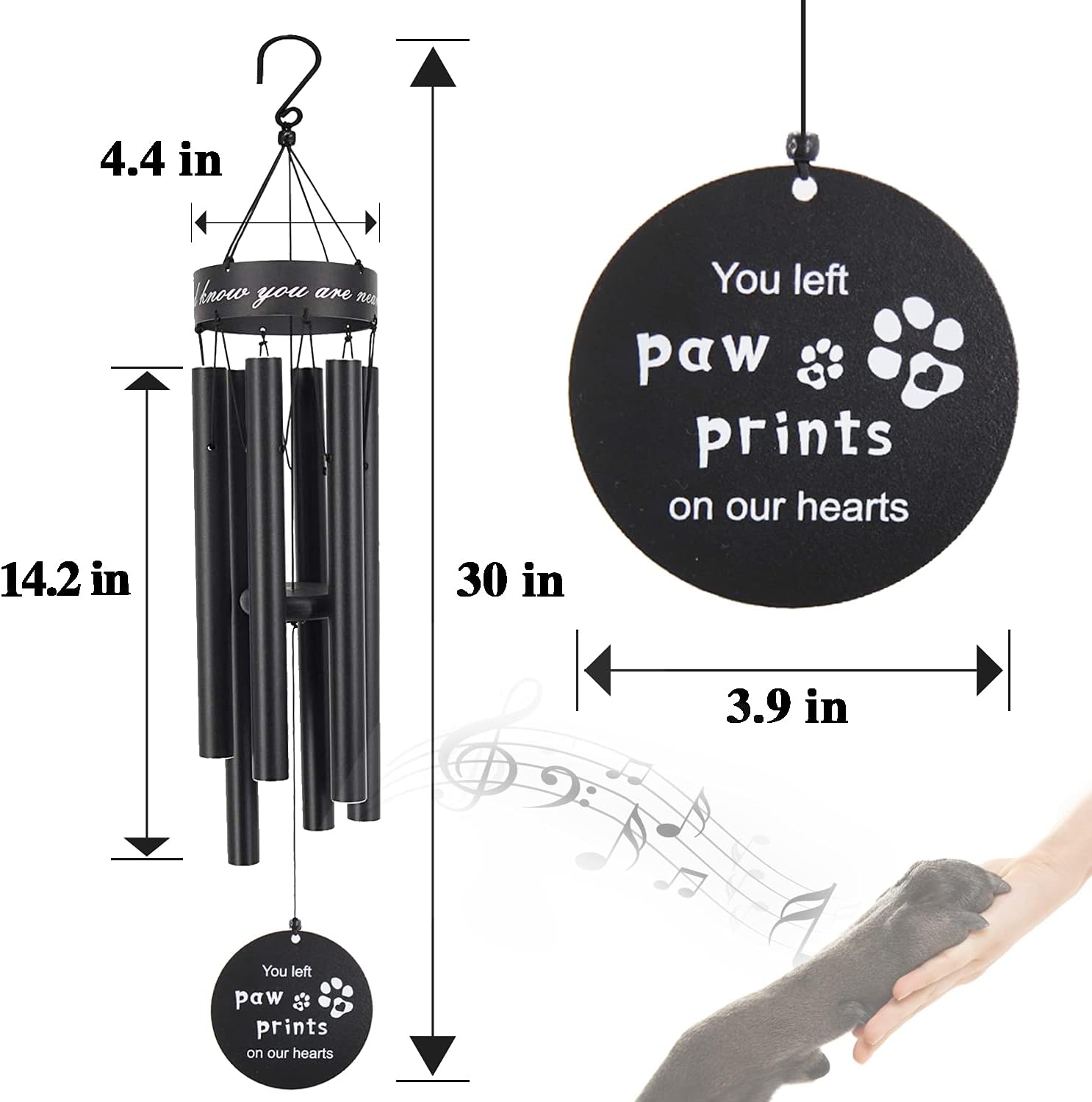 Pet memorial wind chimes, 30 inches paw print pet remembrance gift | to honor and remember a dog, cat, or other pet, premium metal wind chime, black - view 4