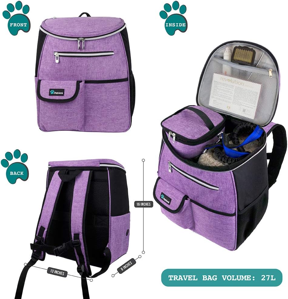 Dog Travel Backpack 27L Airline Approved Pet Supplies Bag, Purple | Cat Traveling Suitcase Organizer for Weekend Road Trip Camping; 2 Food Containers, 2 Collapsible Bowls & Poop Bag Dispenser - view 2