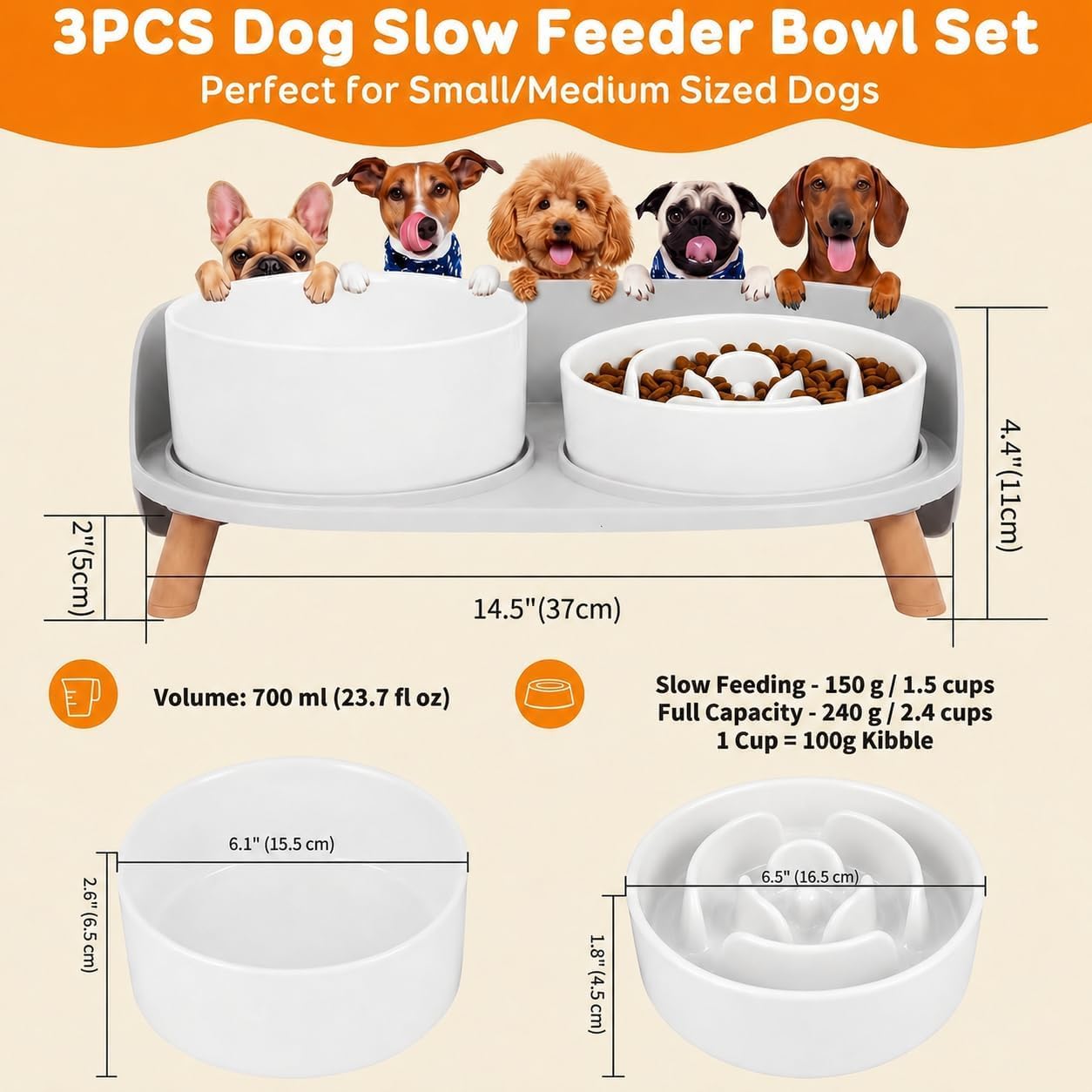 Elevated slow feeder dog bowls with splash proof stand, slow eating 5X | 6.5″ dog slow feeding bowls & 6.1″ dog food dish, non-slip raised food and water bowl set for small and medium breeds, white - view 4