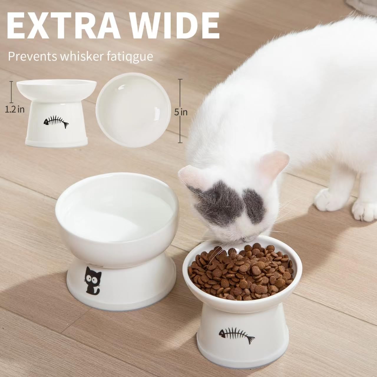 Raised cat food and water bowl set, whisker friendly elevated ceramic cats feeder bowls with anti slip ring, anti-vomiting shallow high porcelain pet kitten dish, dishwasher safe (white) - view 5