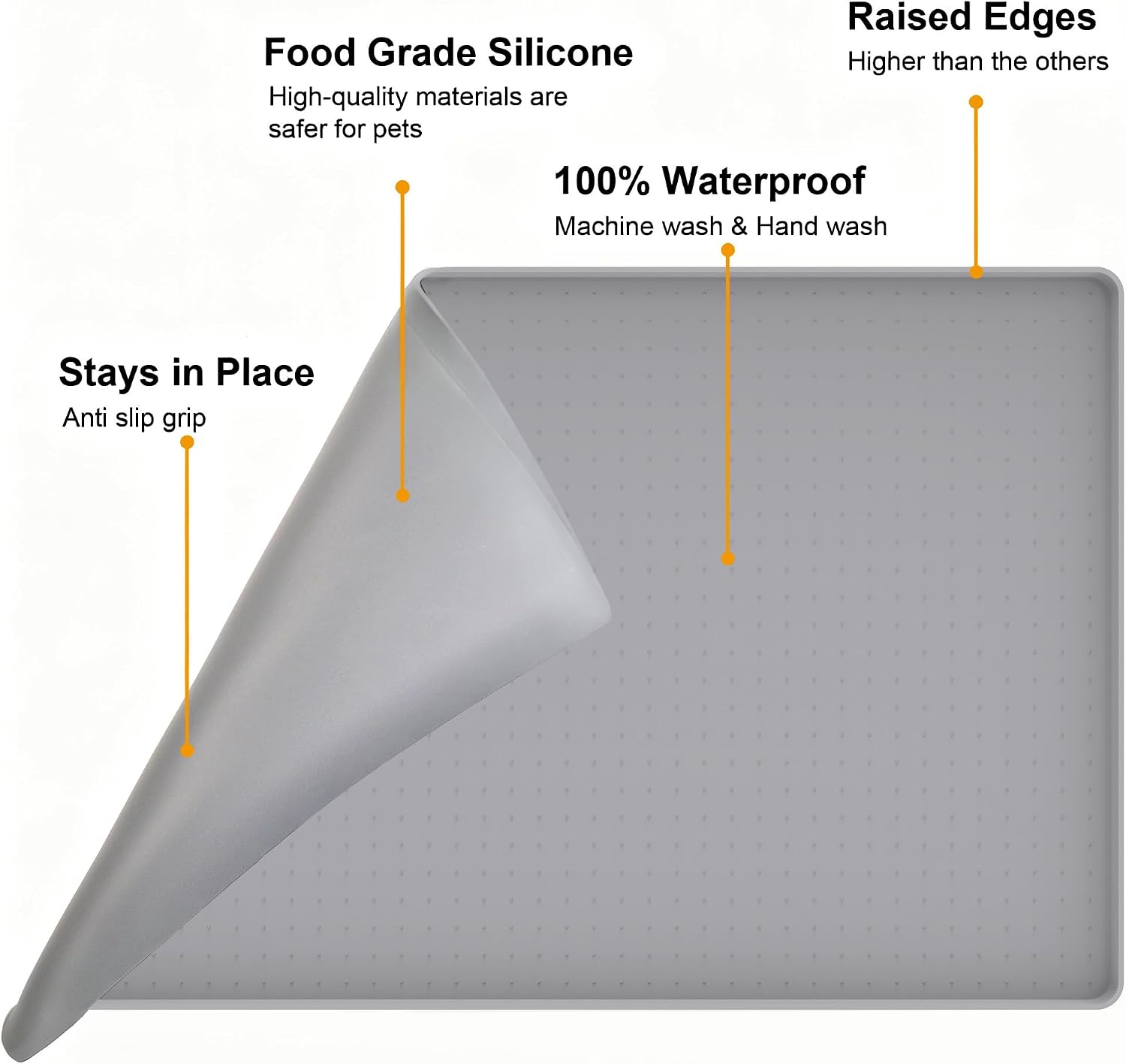Silicone pet Food mats for Floor Waterproof Water Tray for pet Bowl | Grey 24" x 16" xl pet food mat 0.5” inch raised edge, cat food mats for indoor, pet feeding mat water bowl tray for floors - view 5