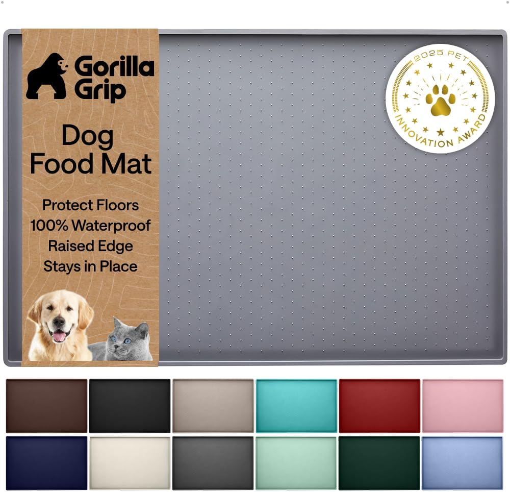 100% Waterproof Raised Edge BPA Free Silicone Pet Feeding Mat, Dog Cat Food Mats Contain Spills Protects Floors, Placemats for Cats and Dogs Water Bowl, 18.5x11.5, Gray