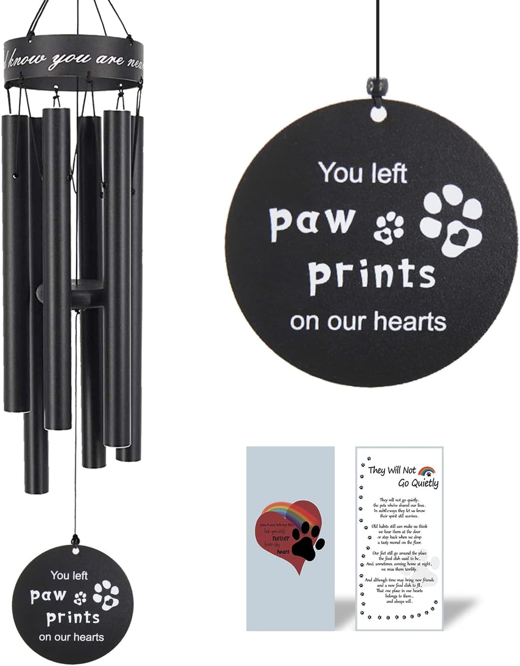 Pet memorial wind chimes, 30 inches paw print pet remembrance gift | to honor and remember a dog, cat, or other pet, premium metal wind chime, black