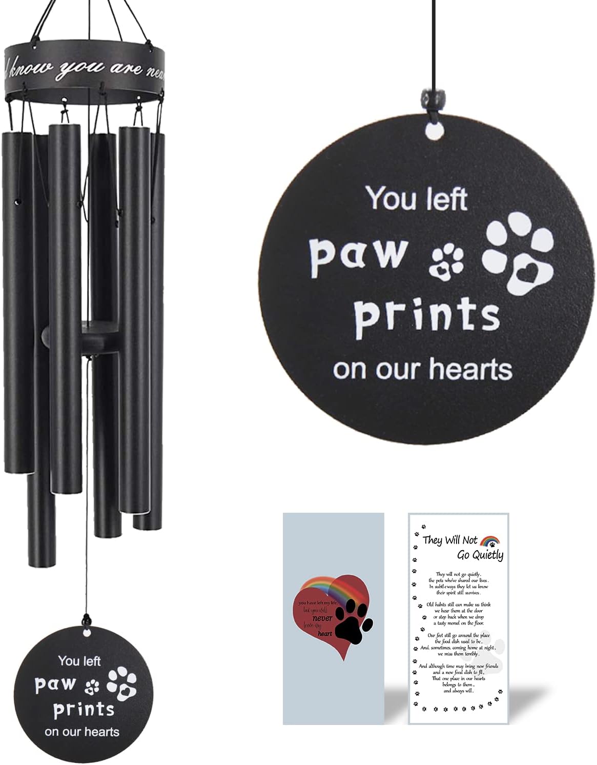 Pet memorial wind chimes, 30 inches paw print pet remembrance gift | to honor and remember a dog, cat, or other pet, premium metal wind chime, black
